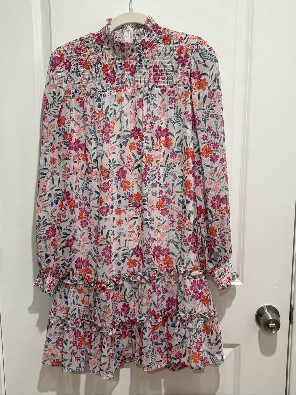 CeCe White Floral Smocked Mini Dress with Pink & Orange Flowers